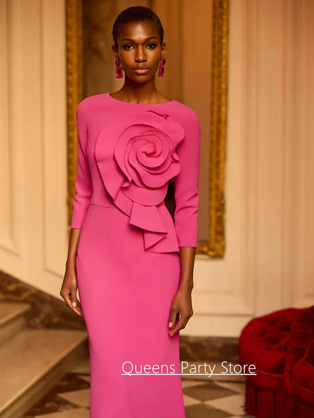 Modern Mermaid Mother of The Bride Dress Customized Round Neck 3/4 Sleeves Big Flower Simple Evening Gown Guest Dresses image 2