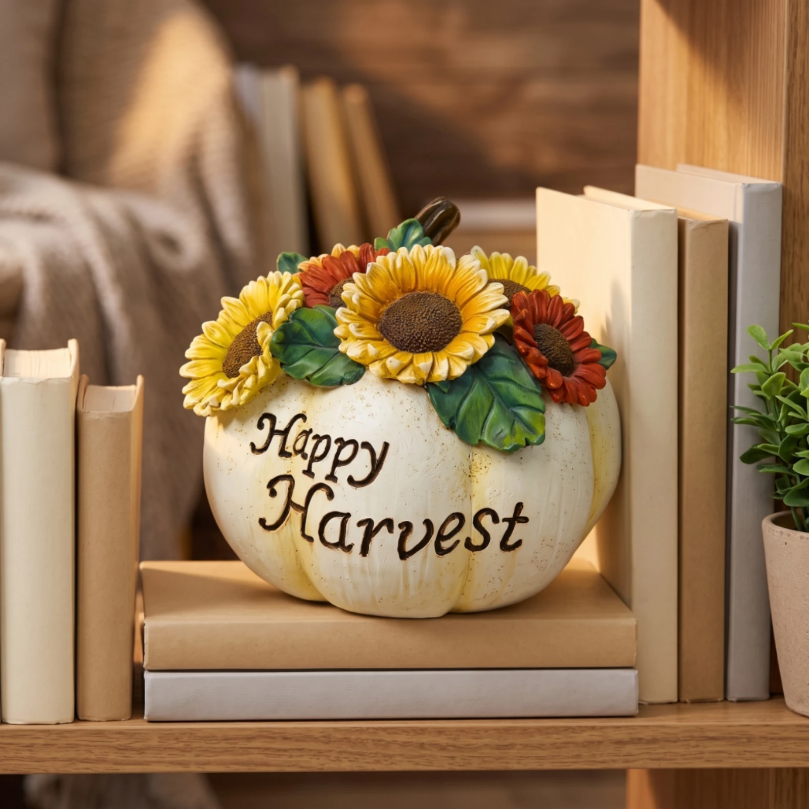 Pumpkin Figurine Fall Pumpkin with Sunflowers Rustic Freestanding for Shelf, Mantel view 6
