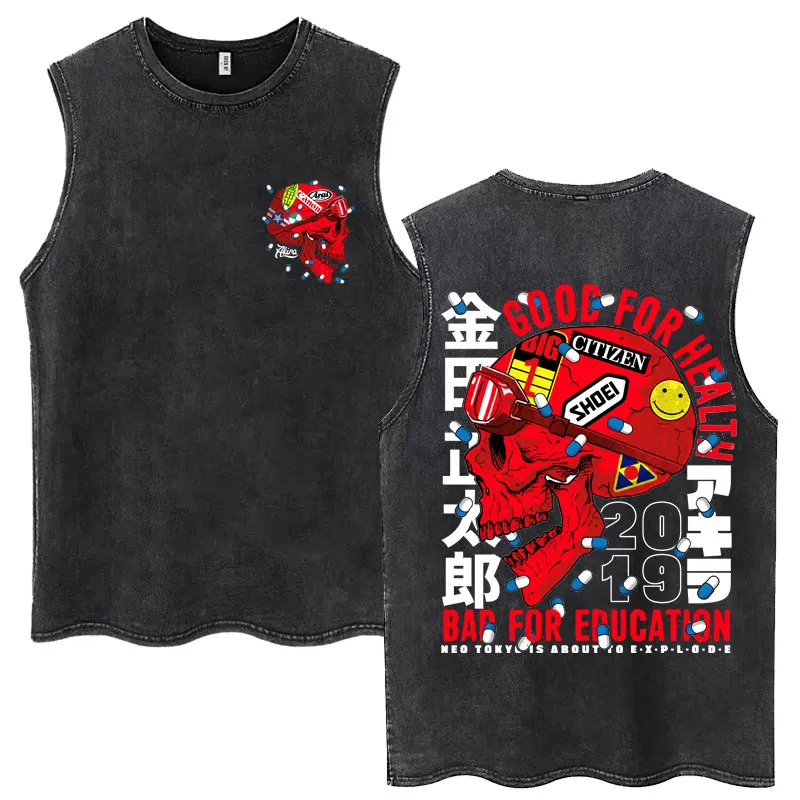 Wash Anime Neo Tokyo Akira Vintage Manga Tank Tops Movie Science Fiction Shotaro Kaneda Sleeveless Vests Loose Cotton T Shirt