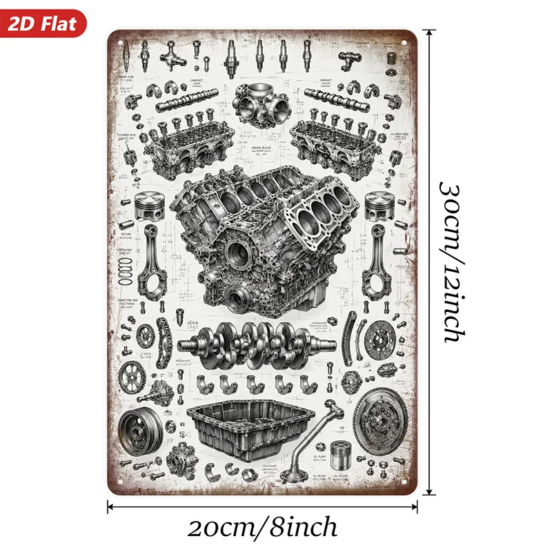 2D FLAT Metal Sign Wall Art Hanging, Vintage Engine Parts Art, Industrial Style, Mechanical Elements, Home Decor, Suitable for G