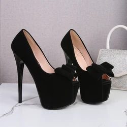 Carpaton Peep Toe Platform Pumps Black Suede 16CM Heels Butterfly-knot Dress Heels Women Supre High Party Heels Pumps