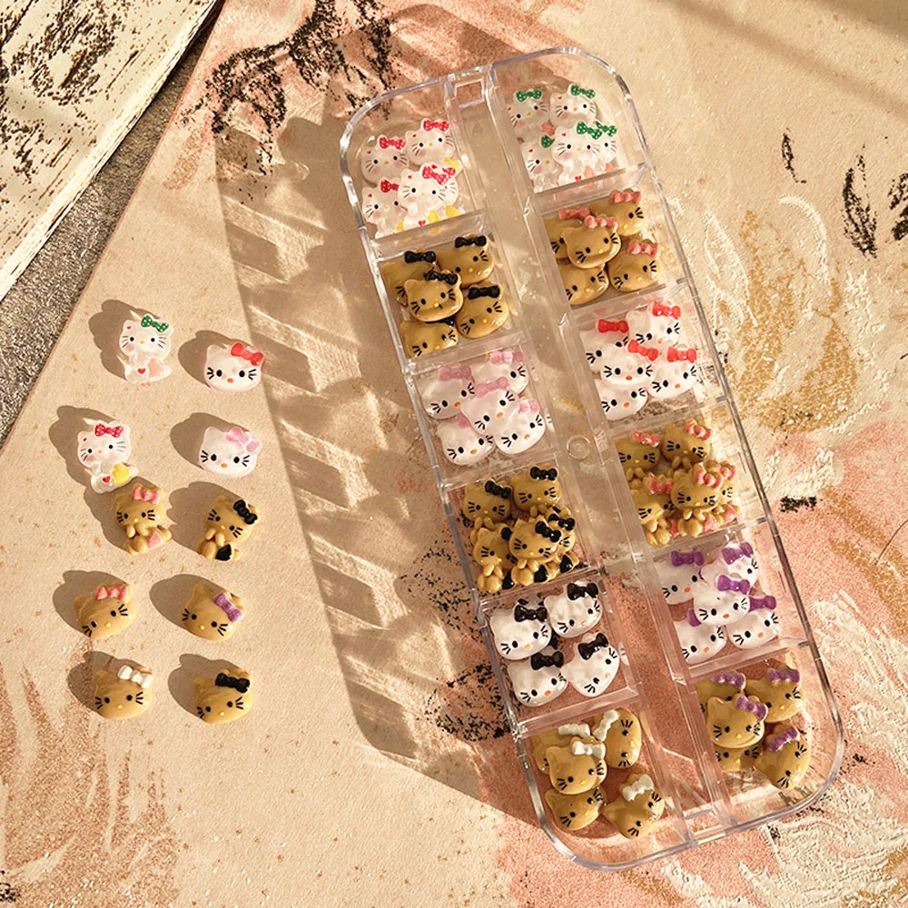 12 Siatek Czarne Kokardki Brązowe Ozdoby do Paznokci Hello Kitty 3D Mieszane Główki Kotków Jesień Zima Akcesoria Hello Kitty Dekoracje do Paznokci