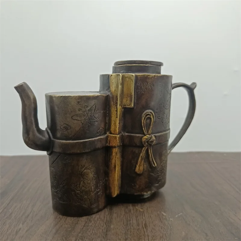 Bronze Collectibles: Qinglong Era Brass Boy Bringing Blessings Wine Pot, Double-Circular Teapot