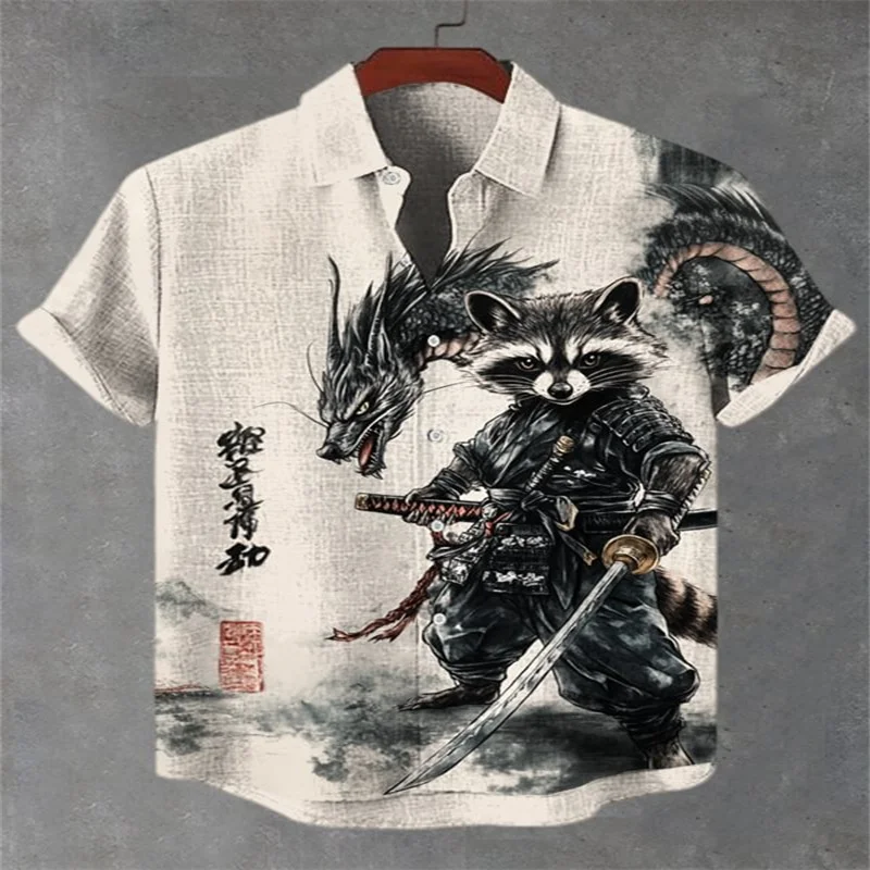

Men's Raccoon Warrior Ink Art Print Casual Shirt Men's Raccoon Eating Ramen Under Cherry Blossom Tree Japanese Calligraphy Art