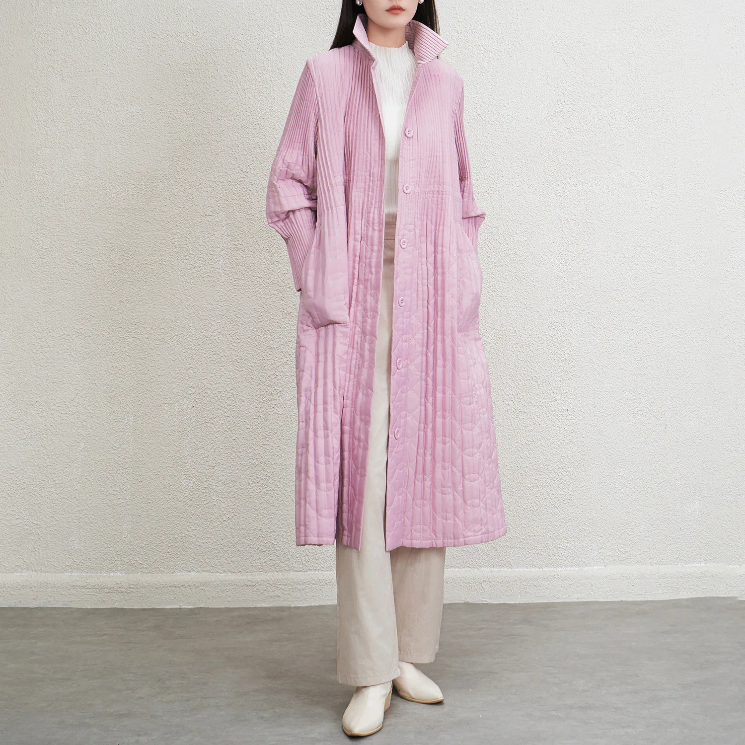 Women's Parkas 2025 Autumn New Pleated Lapel Windbreaker Loose Slim Versatile Medium-length Thickened Solid Cotton Coat Jacket