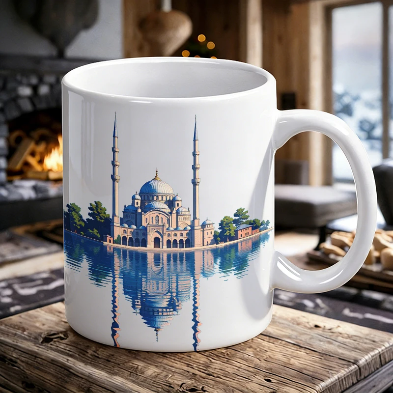 

1PCS Waterside Mosque Reflection Illustration Ceramic Mug, Coffee Cup, Milk Cup, Office Tea Cup, Drinking Cup, Fade-Resistant