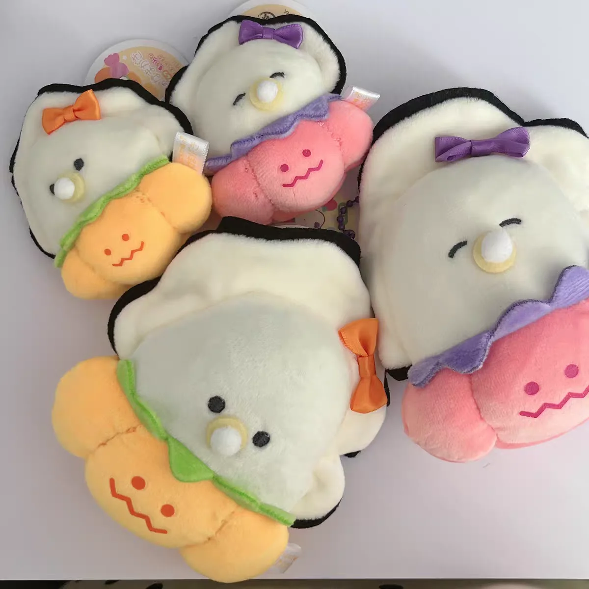 12cm Yell plush toys cute Round-eyed pacifier oyster baby Halloween Pumpkin Pants bowknot Soft Fluffy ball chain pendant figures