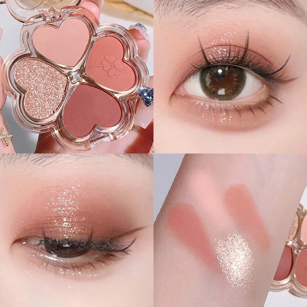 Paleta de sombra de ojos de trébol, resaltador de cuatro colores, maquillaje de ojos de ensueño, sombra de ojos perlada fina, paleta todo en uno, rubor