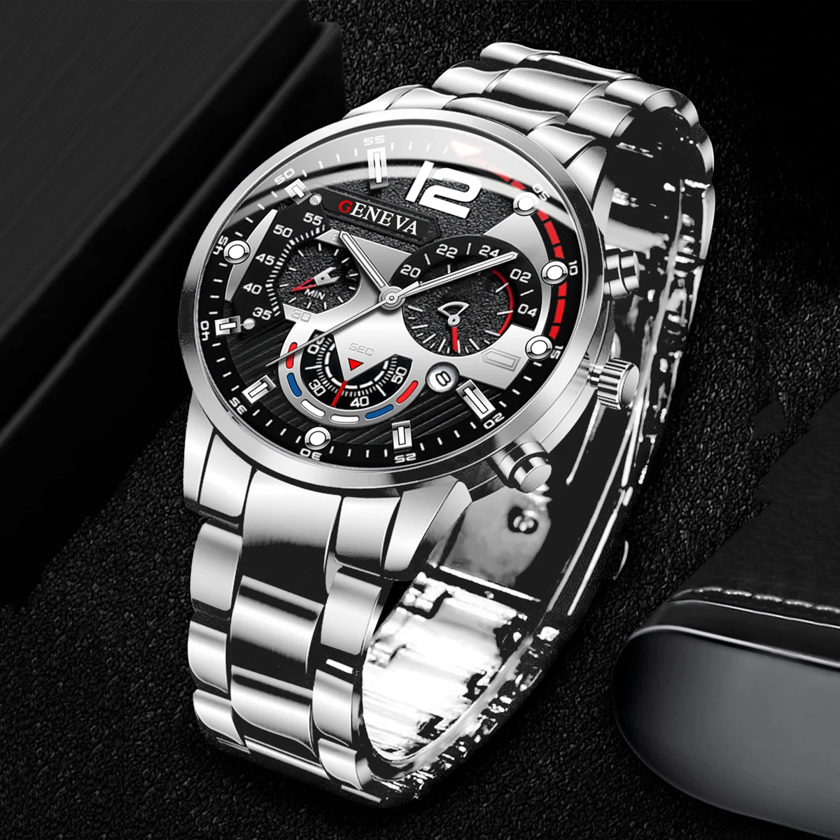 Geneva Men Sports Watch Silver Steel Band Multi‑Dial Chronograph Calendar Black Dial Quartz Wristwatch Business Male Reloj Hombr