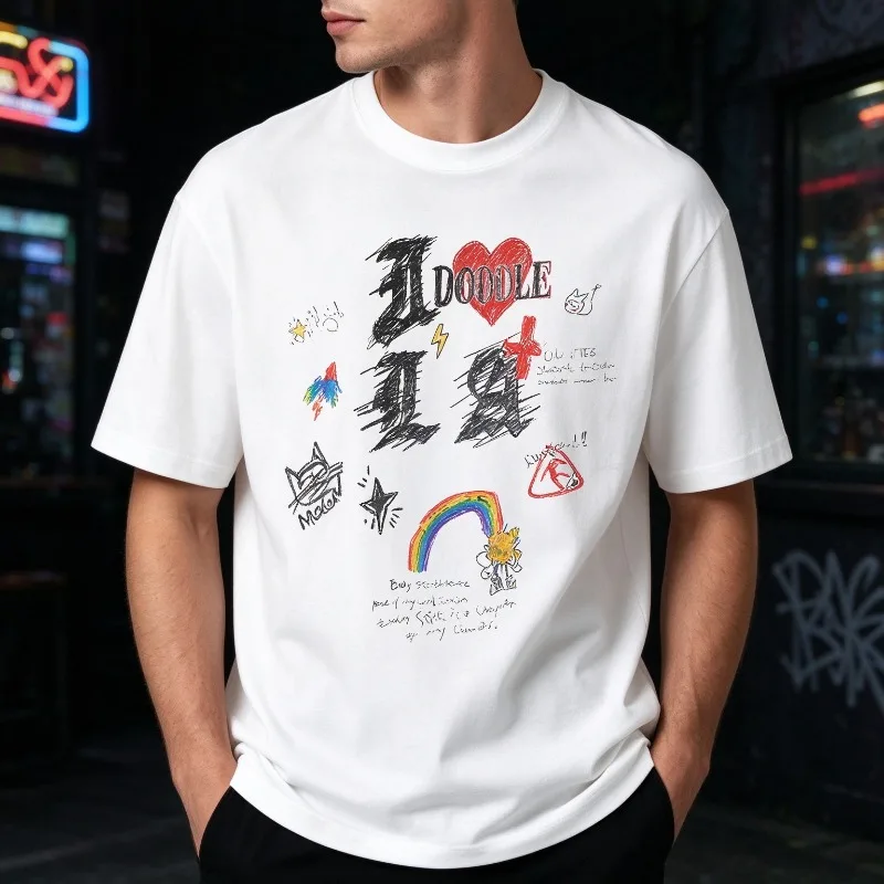 Men's American Street Doodle Graphic T-Shirt Men Modal Short Sleeve Hand-Printed Hip Hop Casual Summer Trendy Tee Top