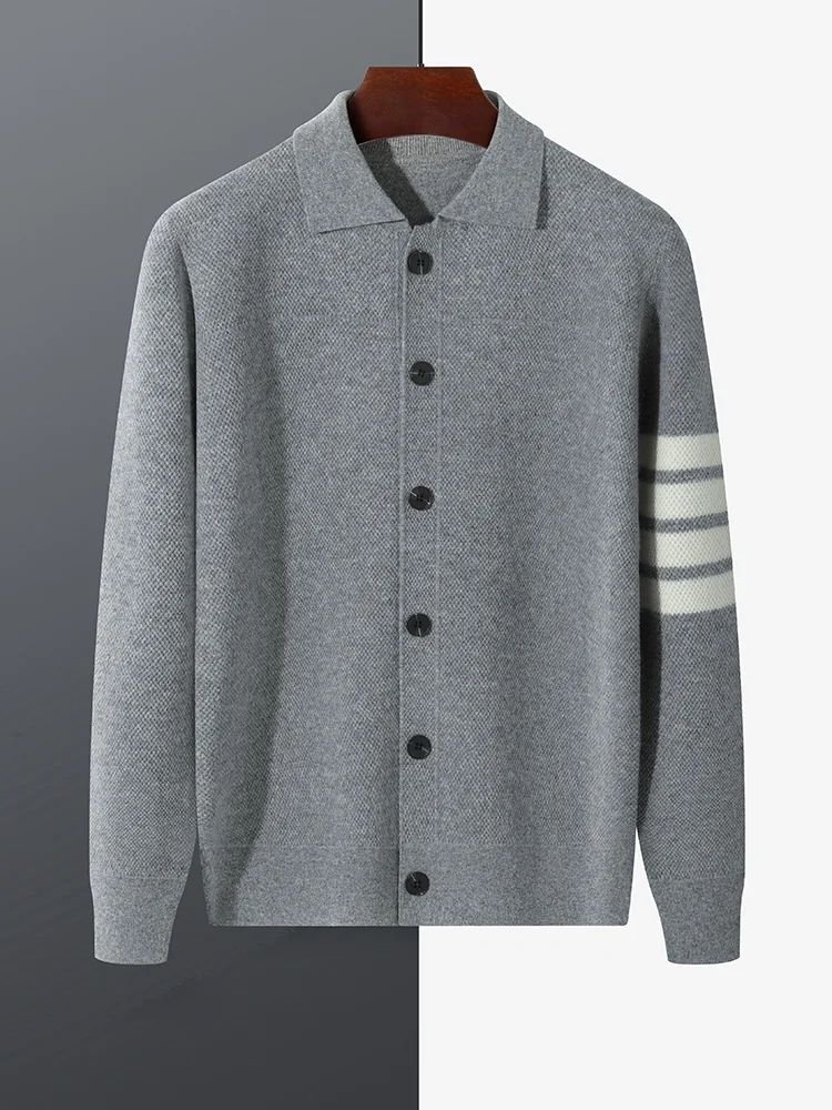 

100% Australian wool collar knitted color matching sweater loose casual shirt lapel top jacket