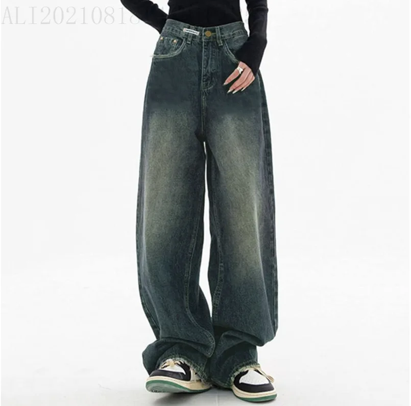 Jeans Full Length Denim Pants Women Wide Leg Jean High Waist Zipper Fly Washed Loose Pockets Vintage 2024 Casual Basics