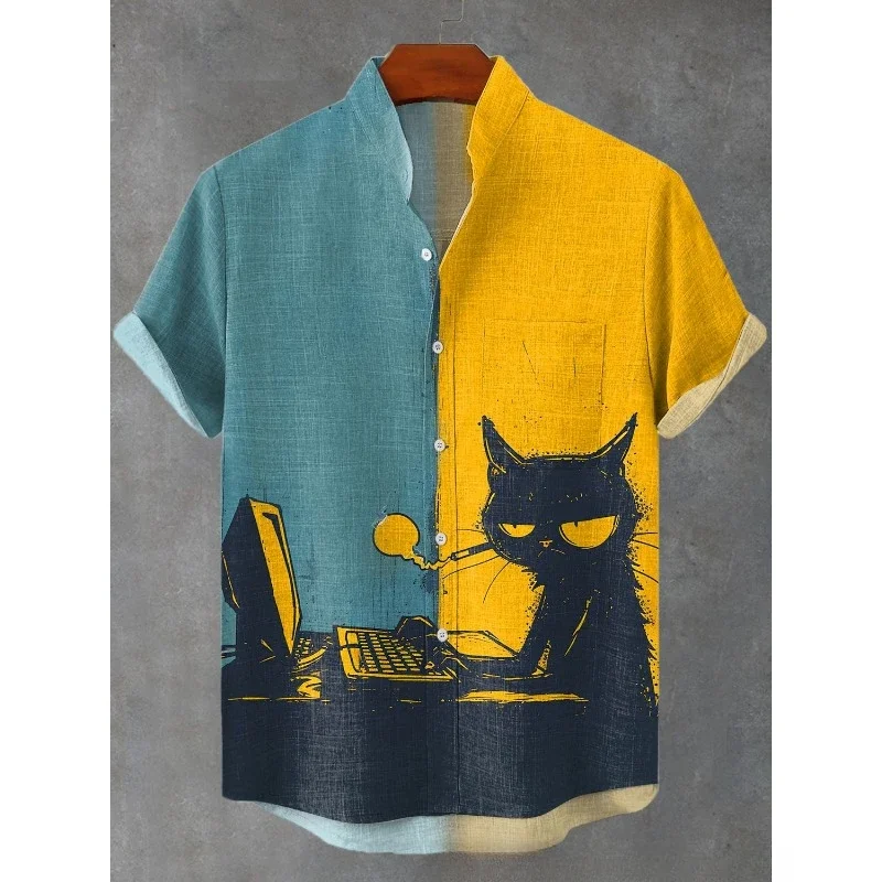 Men's Decadent Smoking Working Black Cat Contrast Color Print Linen Blend Shirt Harajuku Streetwear Hipster Button Down Shirts