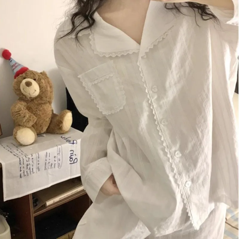 

White Women's Pajamas Autumn Sleepwear Korean Fashion Piiama Lace Pants Sets 2 Pieces Button Night Wears Long Sleeve Home Sui