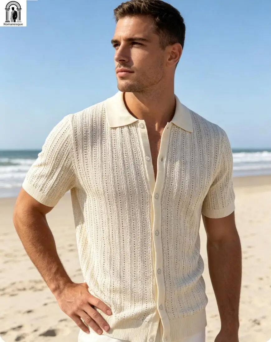 Summer Men's Micro See-through Knitted Polo Shirts Vertical Striped Hollow Short Sleeve Button Cardigan Beach Casual Blouse