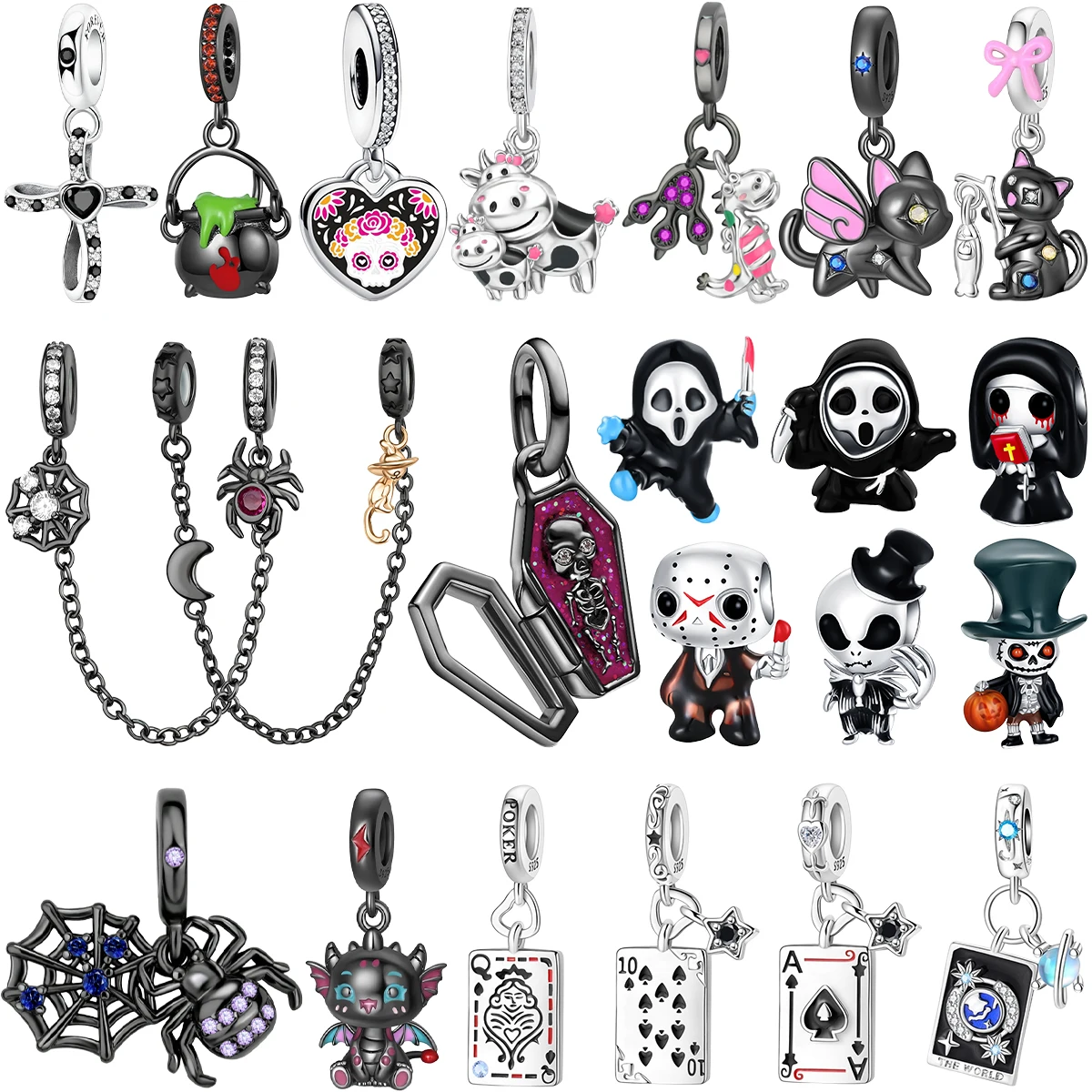 

Black Spider Skeleton Charms Skeleton Cat Poker Bead Pendant Fit 925 Sterling Silver Original Bracelet Necklace DIY Jewelry Gift