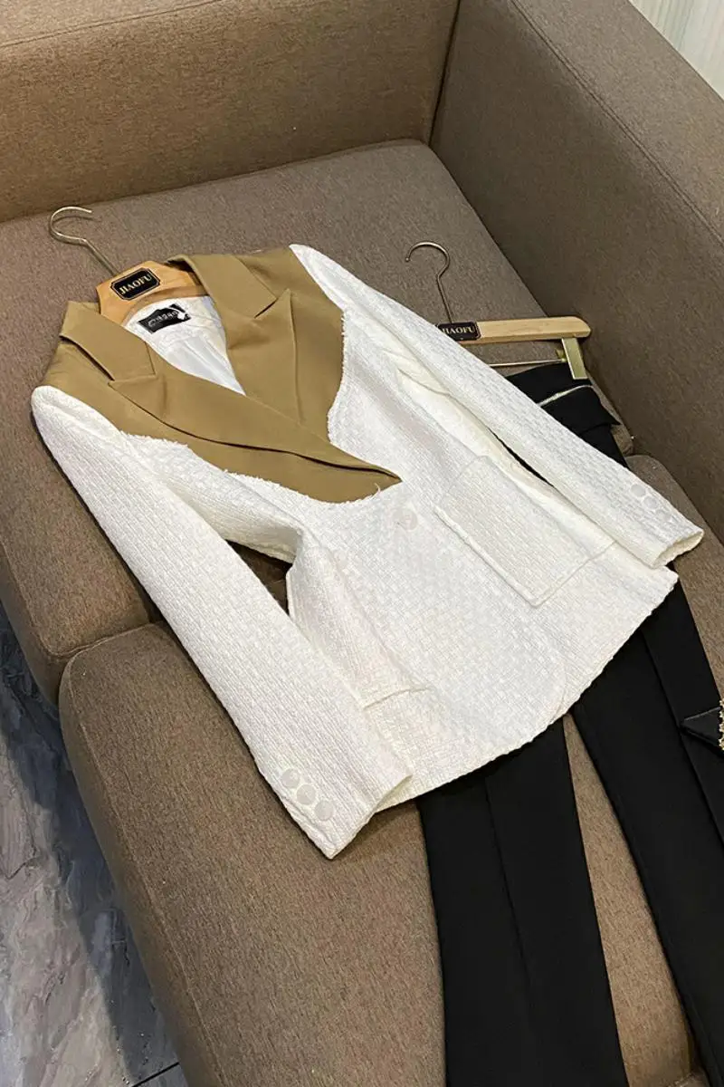 

Vintage Designed Stylish Patchwork Lady Office Wear Women Colorblock Long Sleeve Two Buttons Casual Blazer