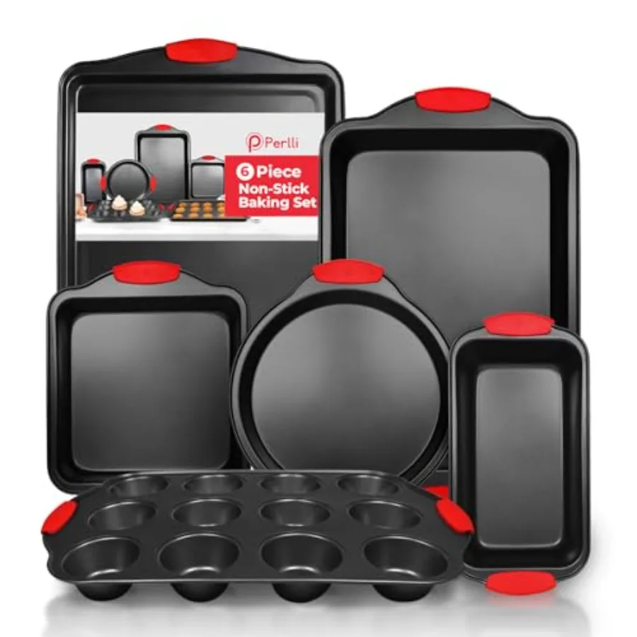 

Non-Stick 6-Piece Baking Pan Set, BPA-Free Carbon Steel Bakeware Set with Silicone Handles, Stackable Kitchen Oven Set, Cookie