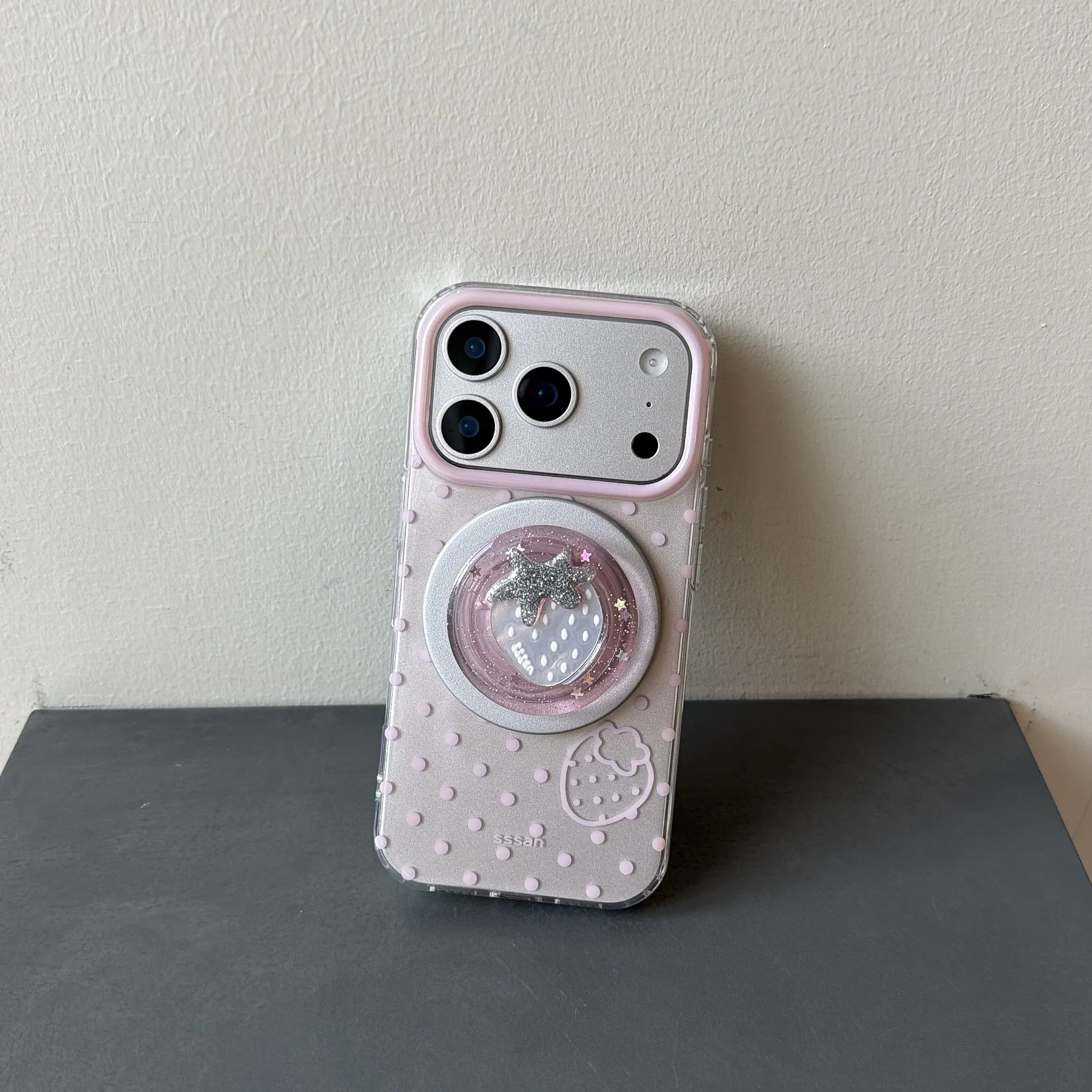 Magnetic Translucent Pink Strawberry Phone Case with Magnetic Strawberry Holder for iPhone 17, 15, 16 Pro Max
