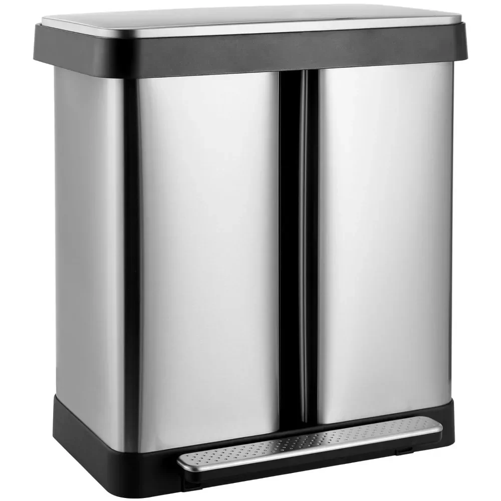 16 Gallon Dual Trash Can, 60L(2x30L) Stainless Steel Kitchen Garbage Can, Step-on Classified Recycle Garbage Bin