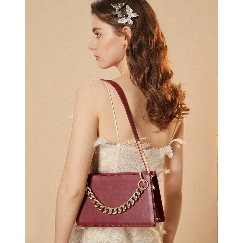 Red Bridal Bag Cow Leather Texture Chain Crystal Decoration Retro Shoulder Bag Female Underarm Bag N1165