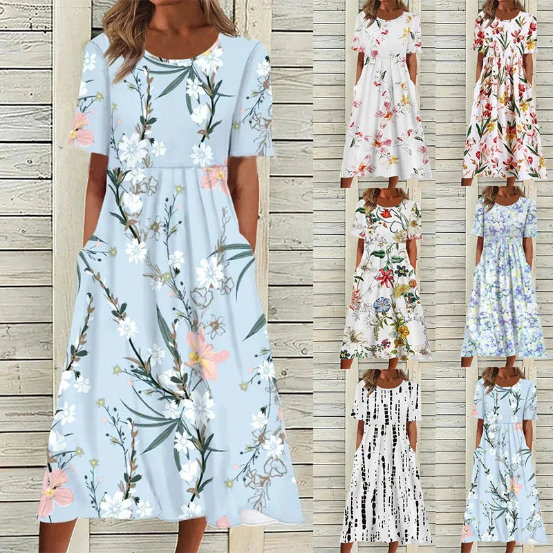 Elegante boho feminino verão maxi vestido longo casual solto floral impressão o pescoço praia vestido de férias manga curta vestidos de bolso