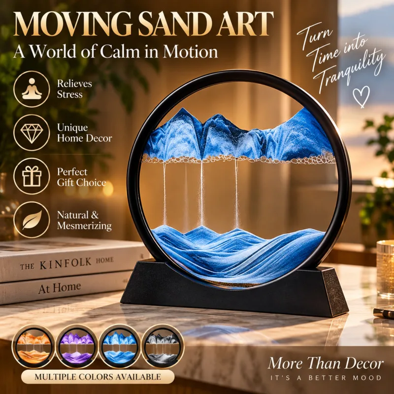 Round Moving Sand Art Picture Frame Mountain Flowing Sandscape Hourglass Desktop Ornament Home & Office Tabletop Decoration Gift