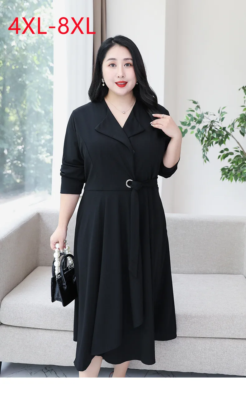 

New 2022 Ladies Spring Autumn Plus Size Dress For Women Large Size Long Sleeve V-neck blackMidi Dress 4XL 5XL 6XL 7XL 8XL