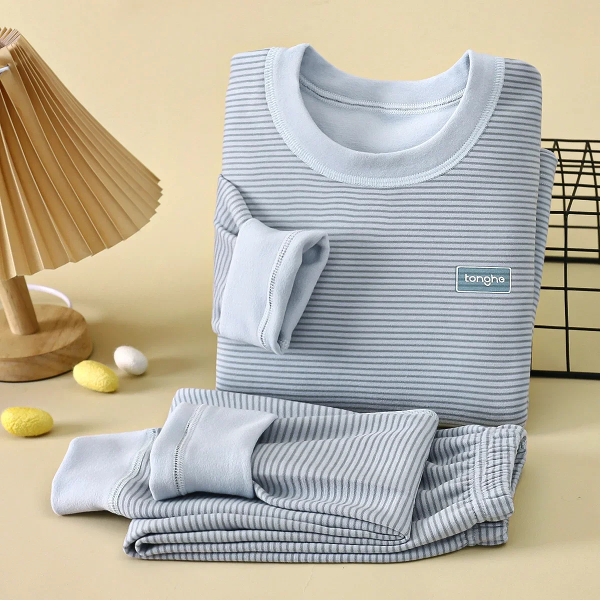 Kids Striped Thermal Underwear Set O-Neck Brushed Long Johns Top Pants Soft Warm Winter School Clothes Base Layer for Boys Girls