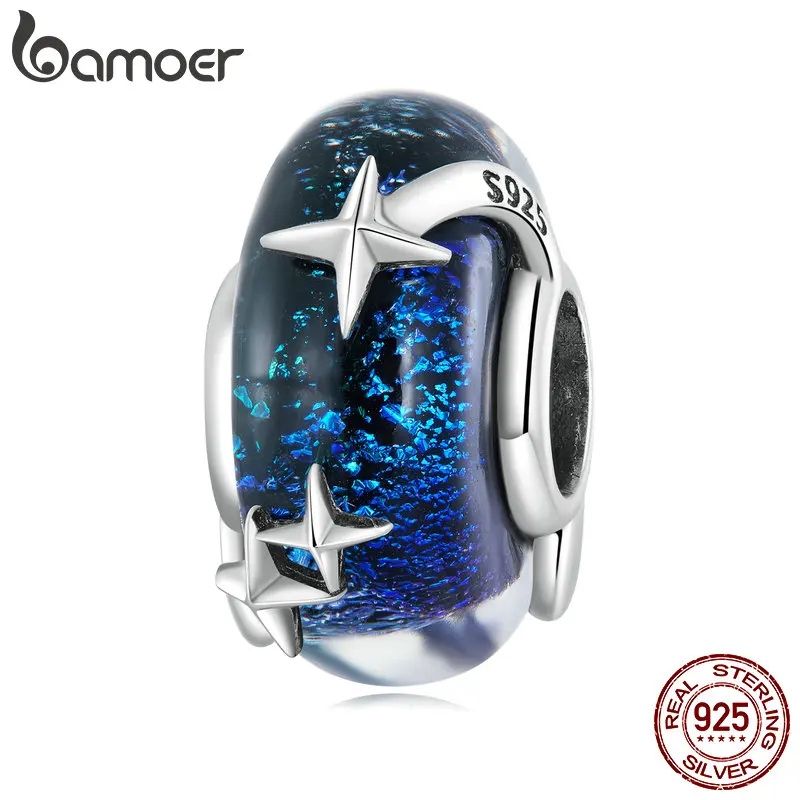 Bamoer 925 Sterling Silver Blue Starry Glass Bead Space Galaxy Star Charm for Women Original Bracelet Bangle BSC682