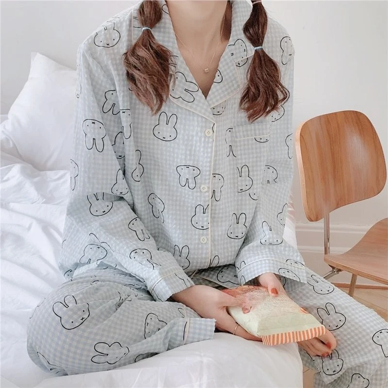 Conjunto de pijamas vintage miffy bunny doce xadrez leve e minimalista para mulheres retrô desenho animado algodão loungewear