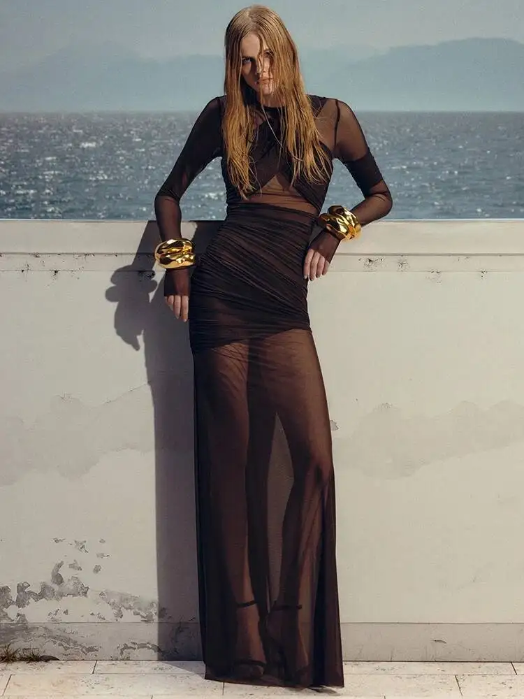 

Mesh Ruched Sexy Maxi For Women Fashion Zipper Patchwork See Through Sleeve Elegant Club Party Long Dress