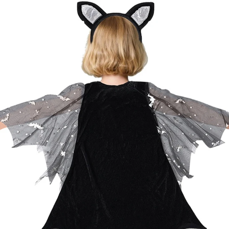 Bat Vampires Costume Halloween Bat Cosplay Costume Accessories with Bat Wing Dress Bat Ears Headband for Kids Little Girl