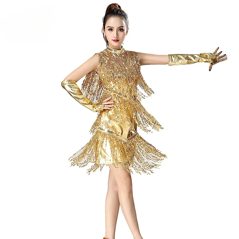 Cheap Women Dance Costumes Girls Salsa Latin Dress with Necklace & Gloves Tassel Sequin cycling ballroom Wholesale High Carbon