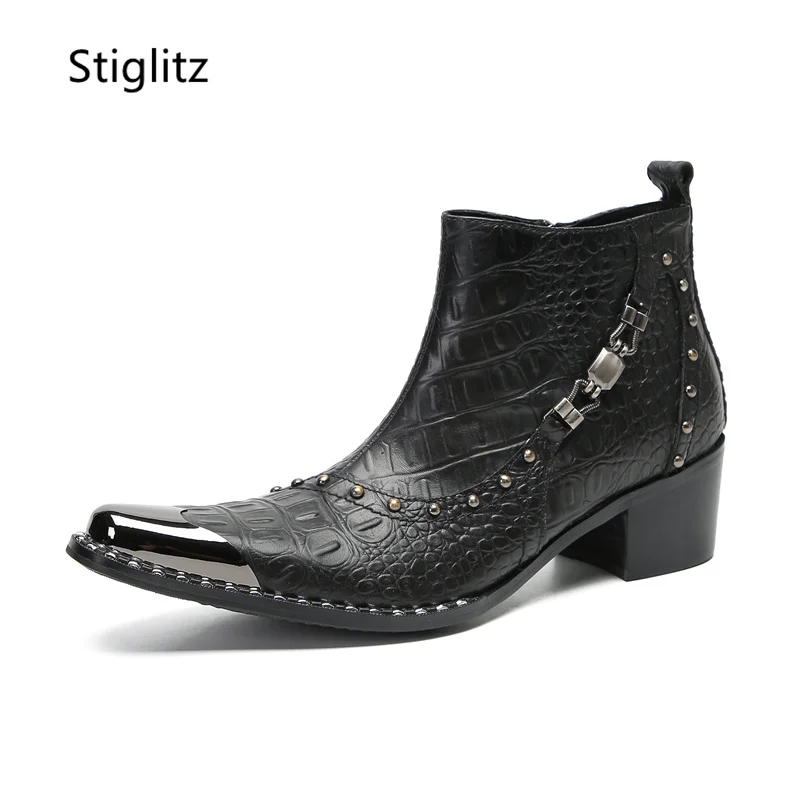 Black Rivet Metal Buckle Ankle Boots Men\'s Leather Shoes Metal Toe Safety Shoes Man for Work Side Zipper Wedding Business Shoe