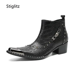 Black Rivet Metal Buckle Ankle Boots Men's Leather Shoes Metal Toe Safety Shoes Man for Work Side Zipper Wedding Business Shoe