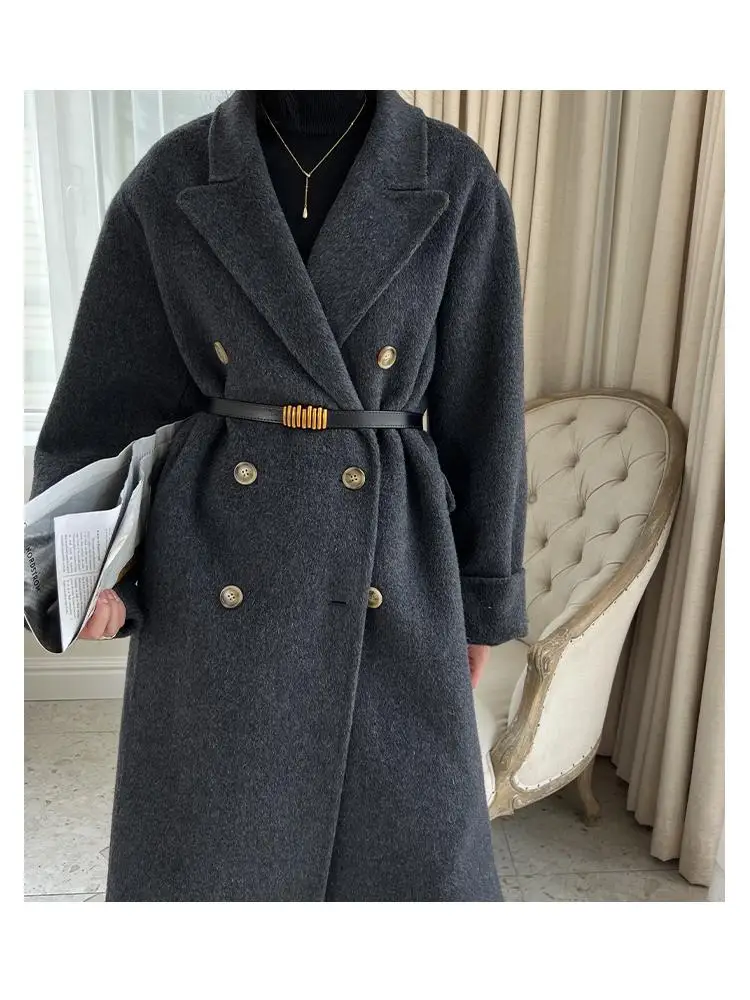 Office Lady Woolen Rabbit Hair Jackets 2024 Fall And Winter Suit Collar Double Breasted Loose Long Women\'s Wool Coats