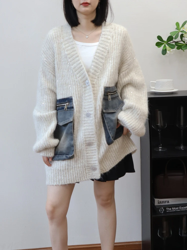 Herfst Winter Losse Truien Jas Vrouwen Nieuwe Gebreide Trui Vest Jas 2025, Vrouwelijke Retro Mode Denim Stiksels Uitloper