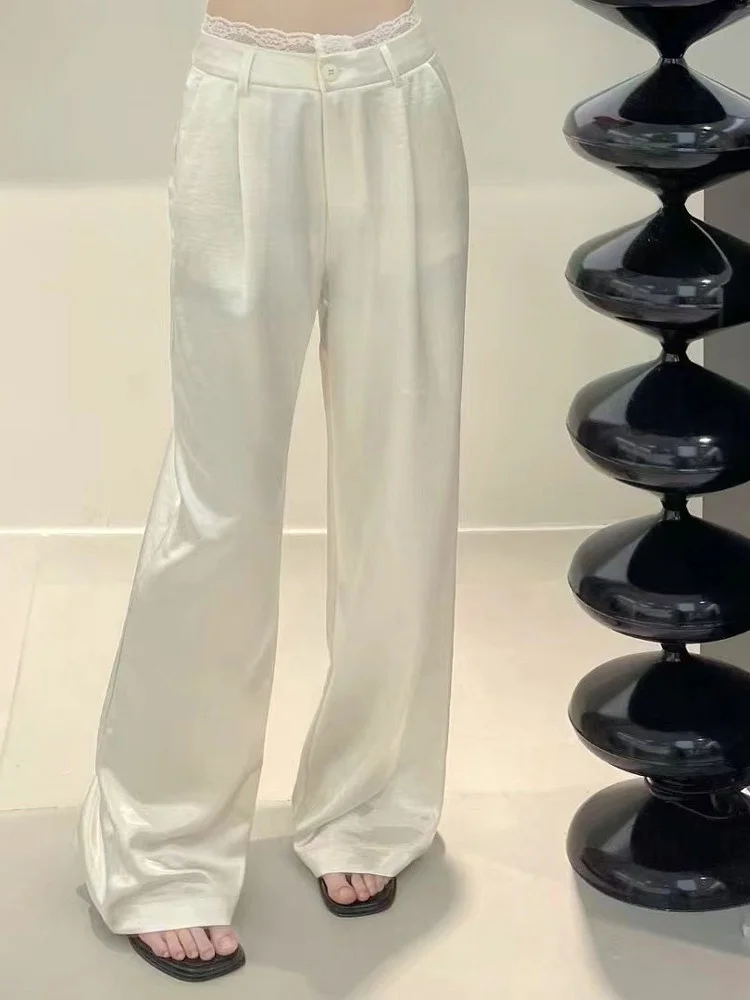 

Белые брюки с кружевной отделкой, с высокой талией, повседневные, прямые, широкие, драпированные, длинные, из ледяного шелка, женские летние брюки