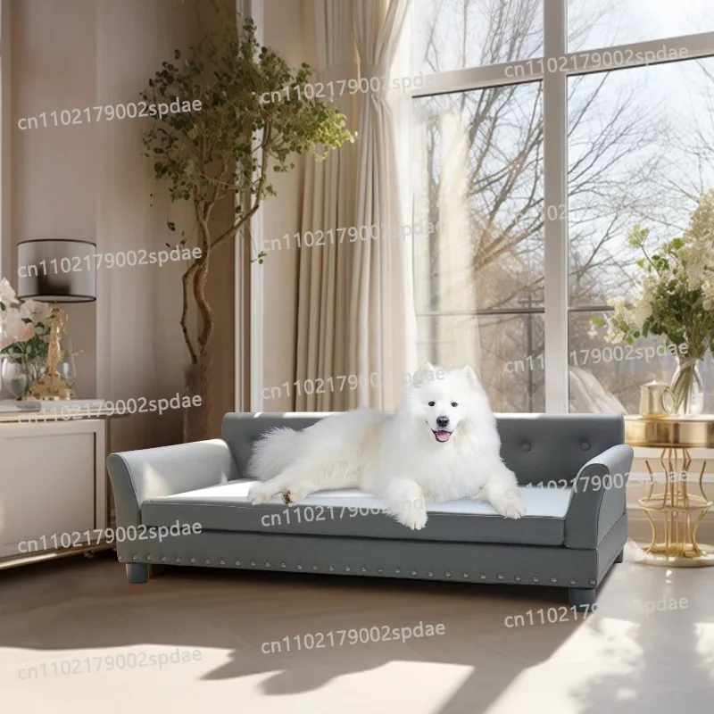 Elevated Large Pet Sofa Lounge Bed Microfiber Leather Cover Dog Snuggle Chair with Removable Washable Soft Cushion Mat