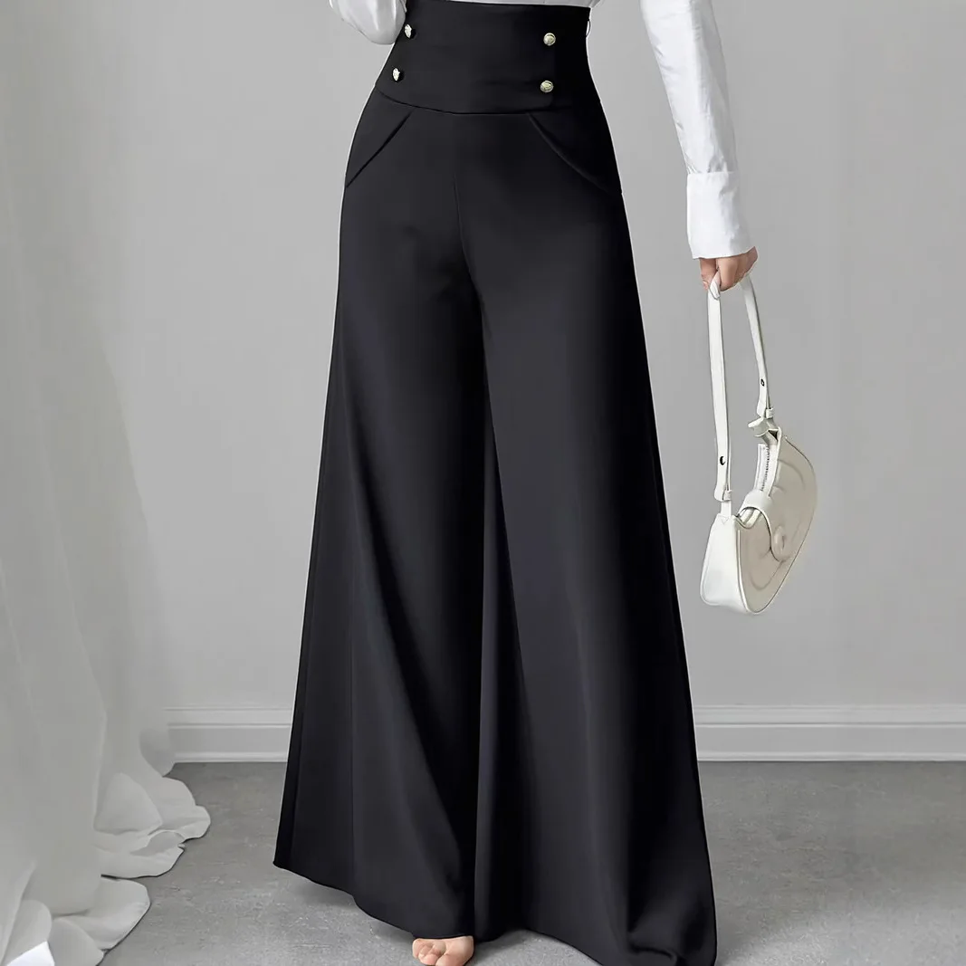 Women's Minimalist Elegance High Waist Belly Black Wide Leg Pants With Pockets Suitable For Work Office Dress