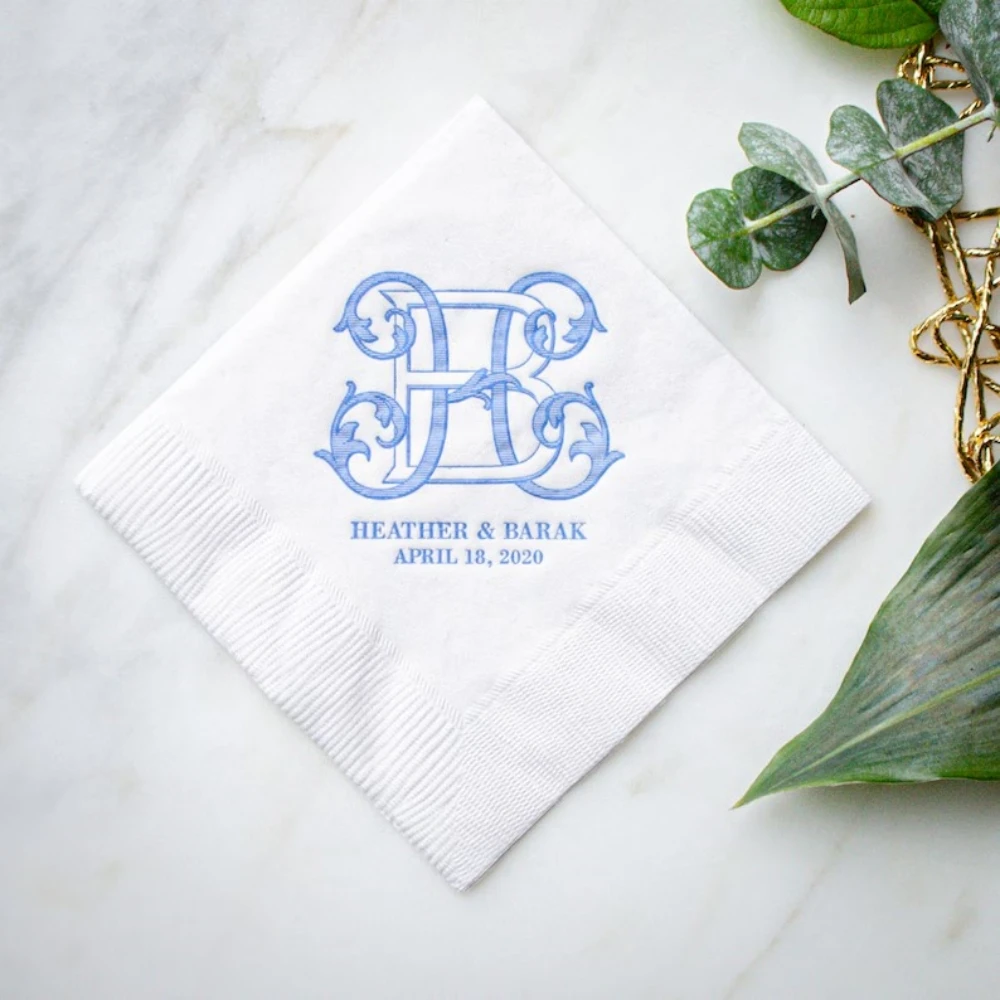 50Pcs Personalized Wedding Logo Napkins, Interlocking Monogram Custom Cocktail Napkins, Foil Printed Napkins, Party Napkins