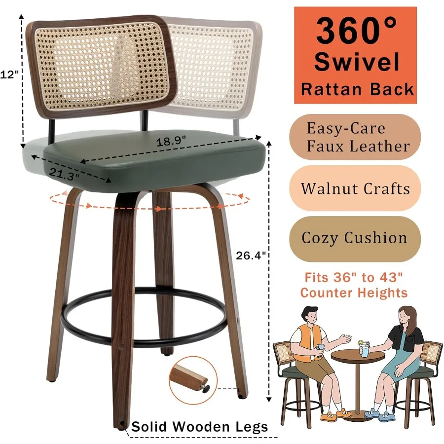 مجموعة من 2 مقاعد بارتفاع عداد 26.4 بوصة مقاعد ارتفاع عداد الروطان مع مقعد خلفي منجد مصنوع من خشب الجوز