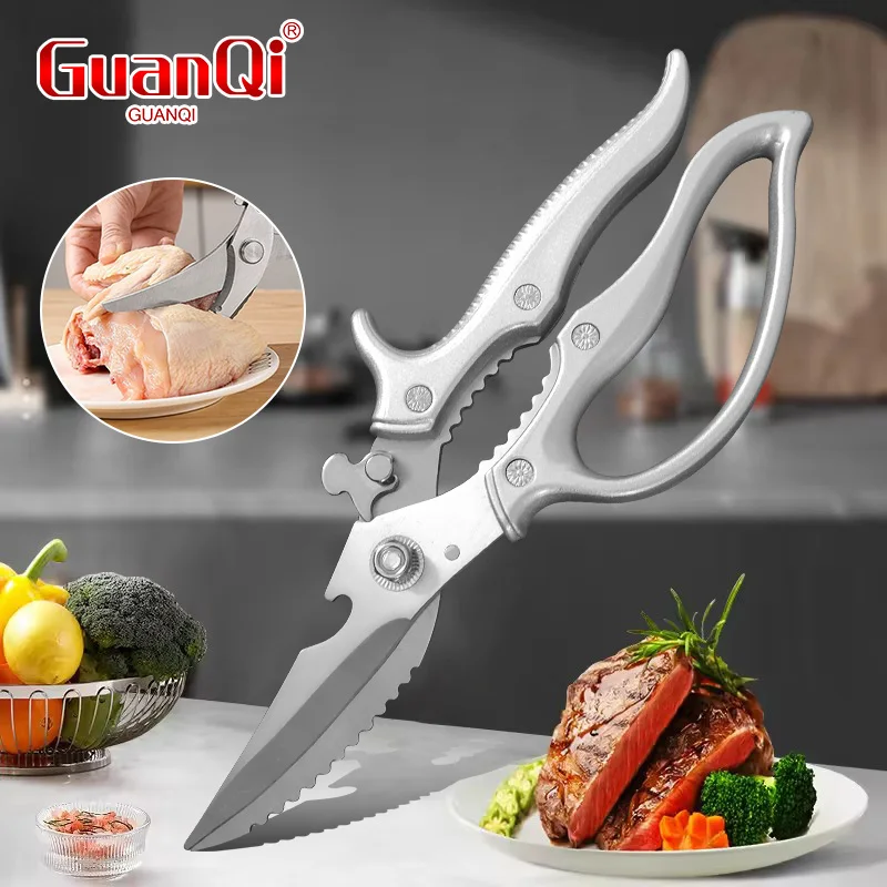 Küchenschere, Edelstahl, Mehrzweck-Grillschere mit rutschfestem Griff, zum Schneiden von Fleisch, Skala, Fischbesatz, Meeresfrüchte-Schere