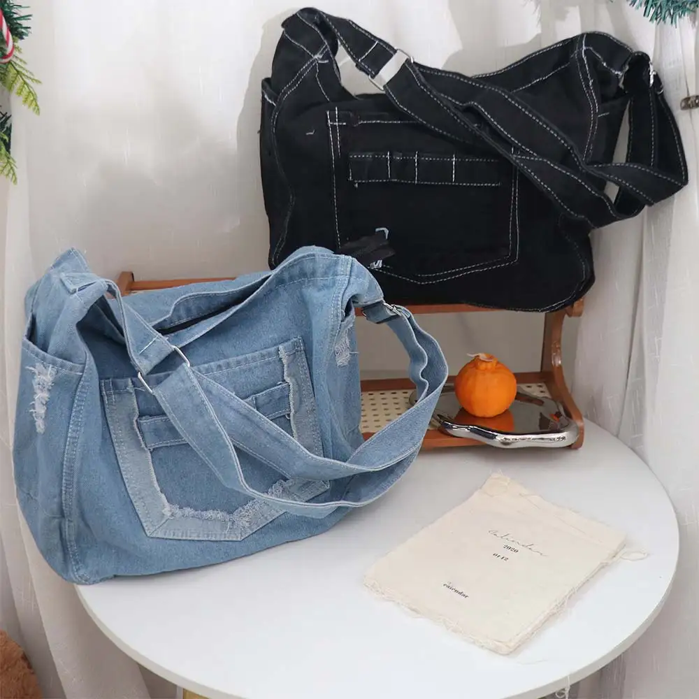 

Fashion Vintage Denim Shoulder Bag Versatile Multi-pockets Cross Body Bag Large Capacity Commuting Satchel Bags Female
