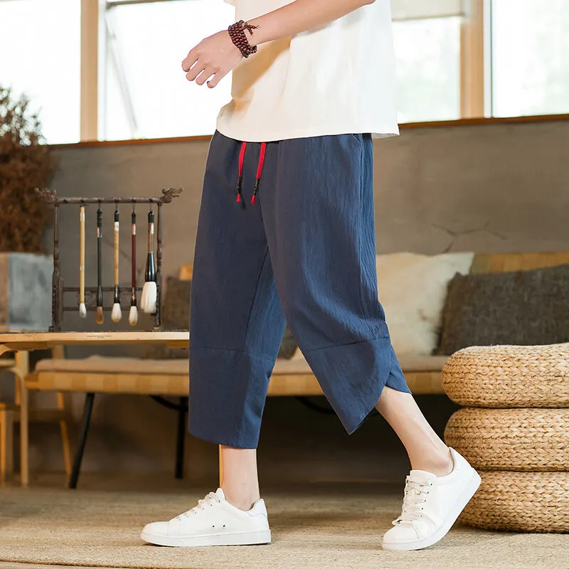 

M-5XL Summer New Men's Cropped Pants Cotton Linen Loose Baggy Pants Japanese Style Elastic Waist Casual Pants
