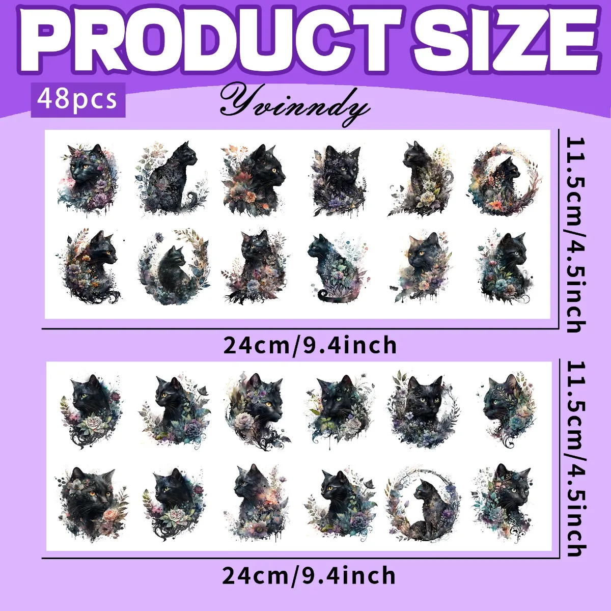 48Pcs/SetBlack Gothic Mystical Cat DIY Motel Keychain UV DTF Transfer Sticker For Key Chain Personal Accessories