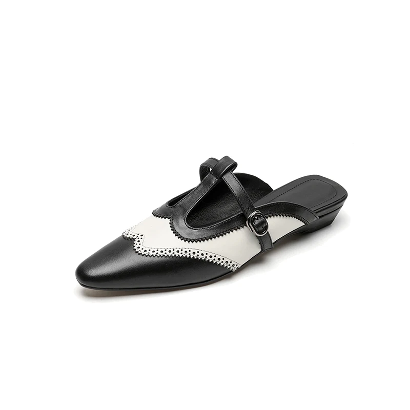 

Casual Mules Women Calfskin Leather Retro Patchwork Color Slippers Ladies Flat Shoes Handmade