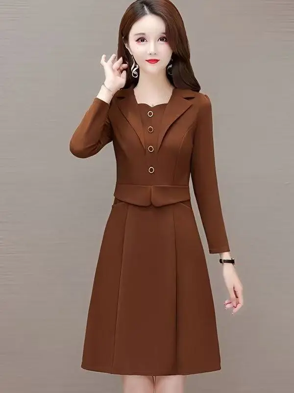 おしゃれなAラインドレススーツ襟付き秋新作着痩せママ服韓国風通勤長袖ミディドレス