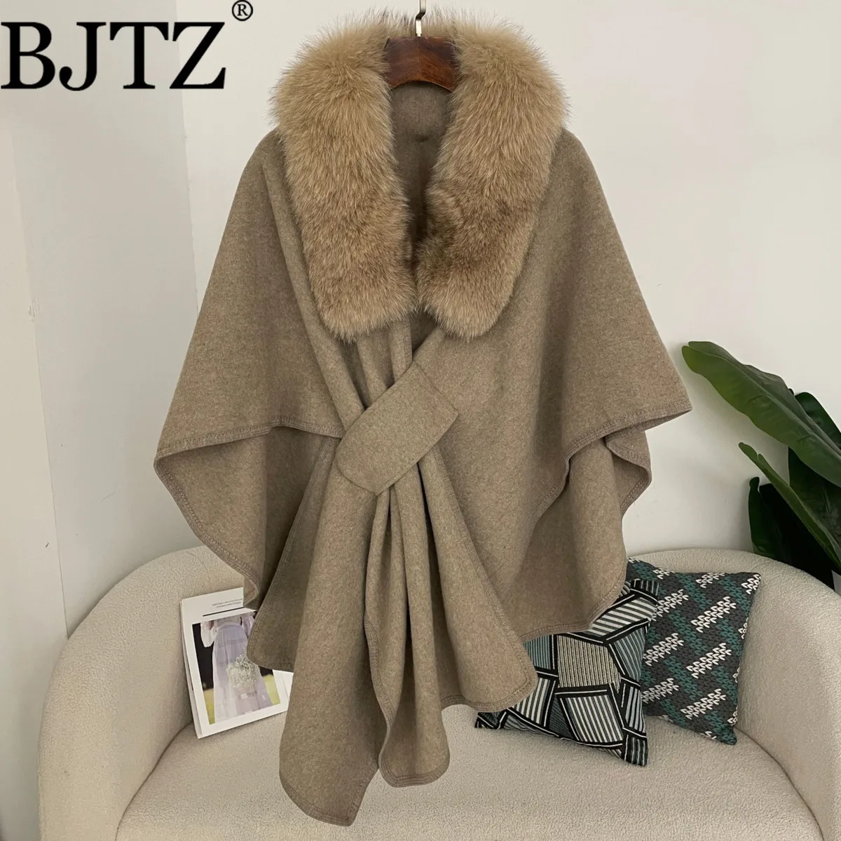 BJTZ خريف شتاء جديد ريال فوكس الفراء طوق كيب شال فضفاض سترة مشغولة من الصوف حجم كبير معطف الصوف للنساء #1
